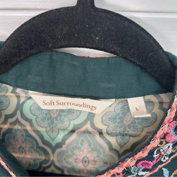 Soft Surroundings Boho Empire Waist Tassel Blouse Green Beaded Pink Flowey Med - Picture 3 of 9